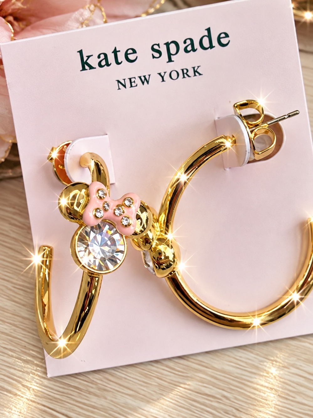 kate spade Gold Hoop Earrings Minnie Mouse with Pink Bow & Crystal Charm